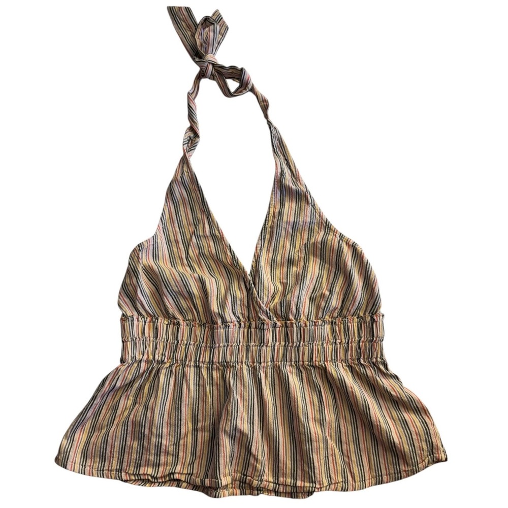 American Eagle Striped Halter Top Smocked Peplum Linen Blend Multicolor Small